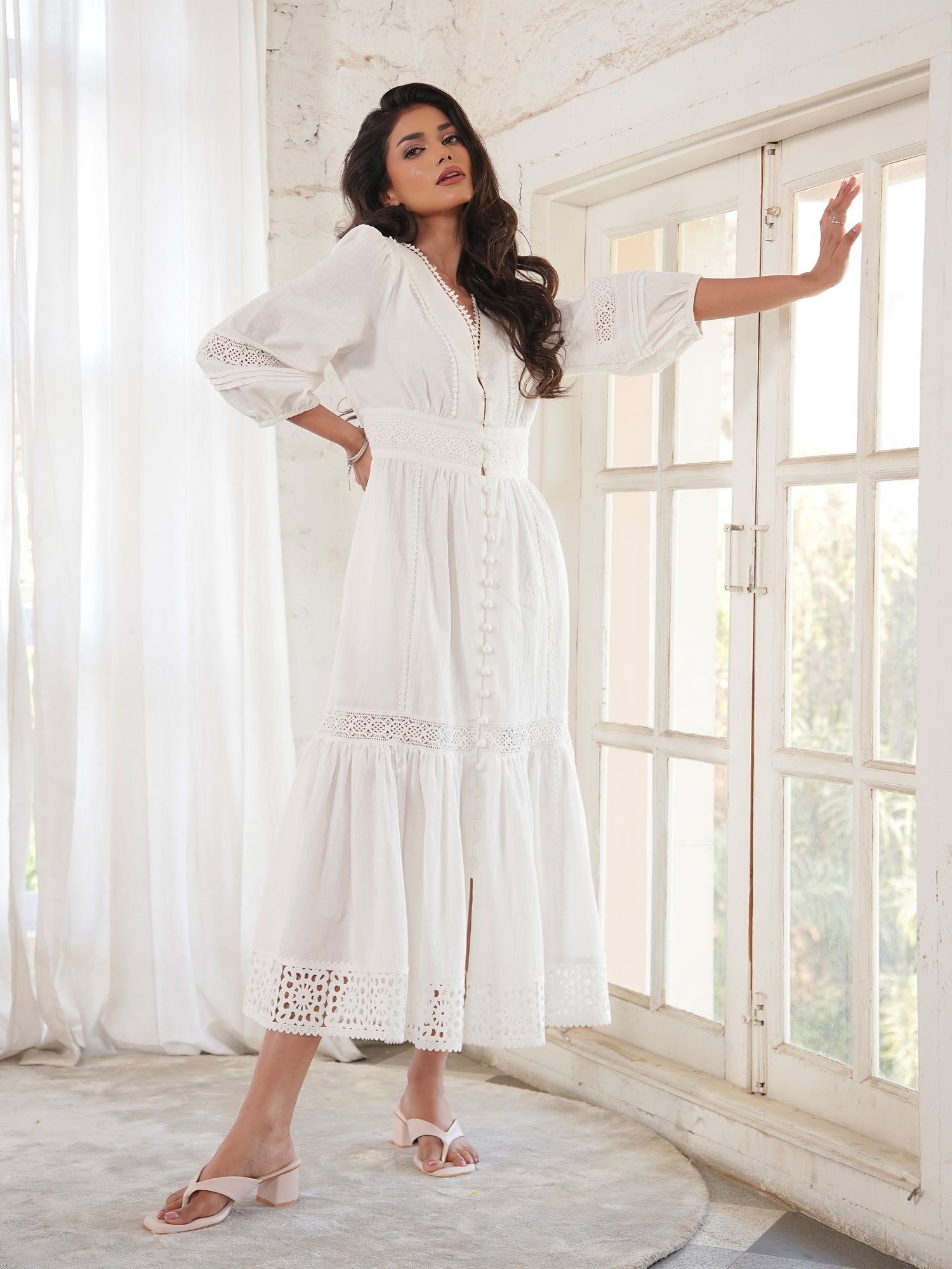 Ola Ivory Crochet Trim Linen Blend Midi Dress