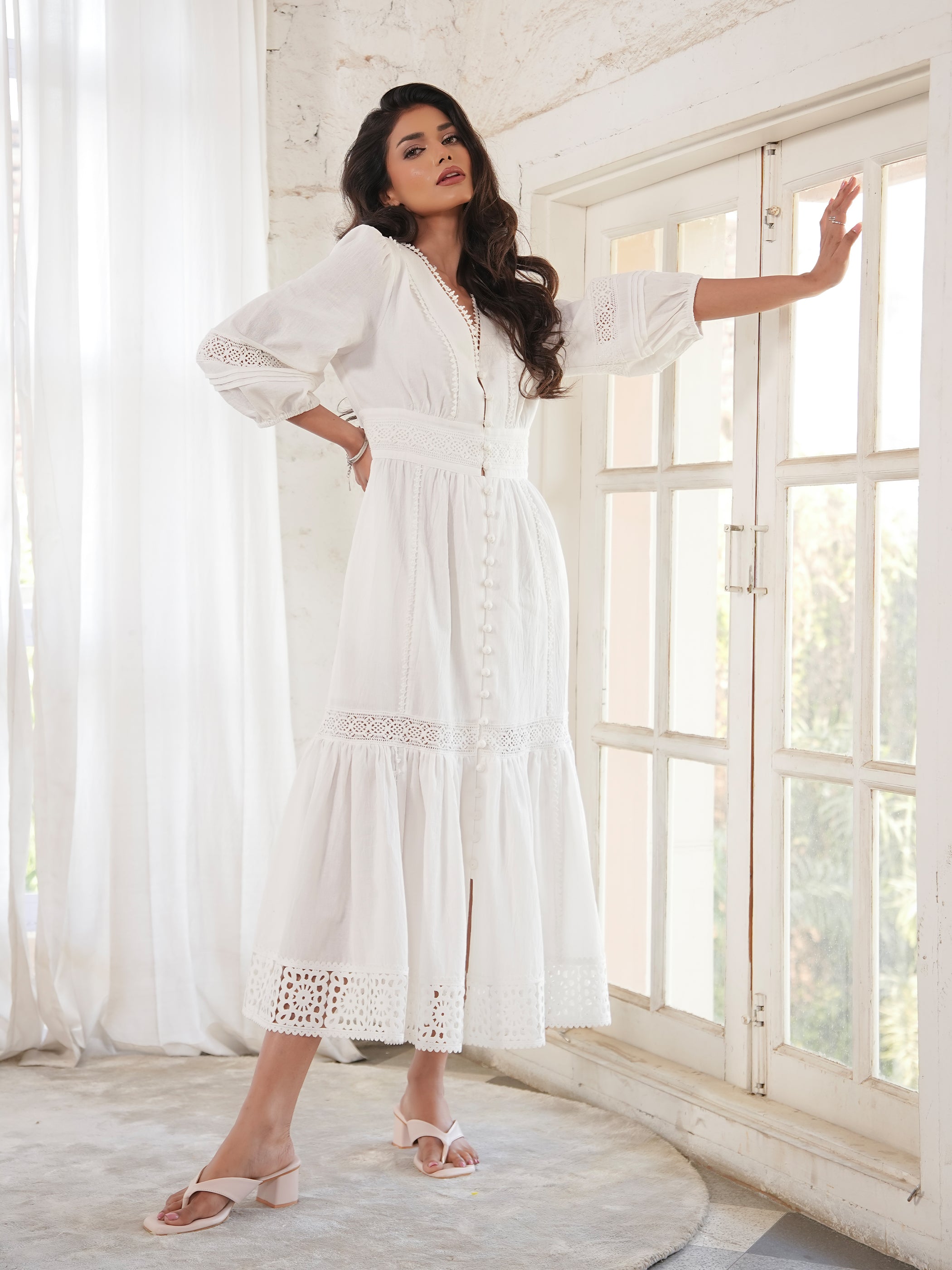 Ola Ivory Crochet Trim Linen Blend Midi Dress