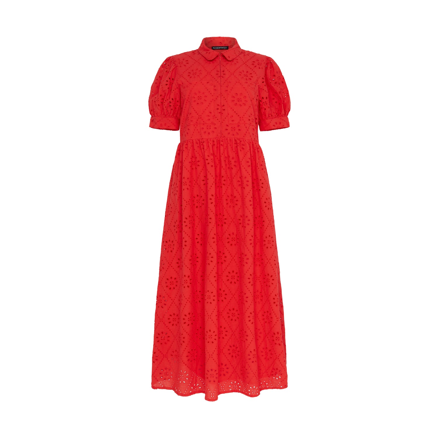 Olivia Coral Red Broderie Lace Midi Shirt Dress