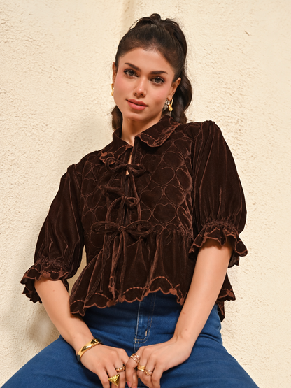 Jay Chocolate Brown Velvet Tie Front Top