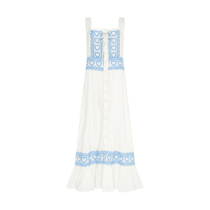 Harri Heart And Blue Cotton Heart Embroidery Maxi Dress