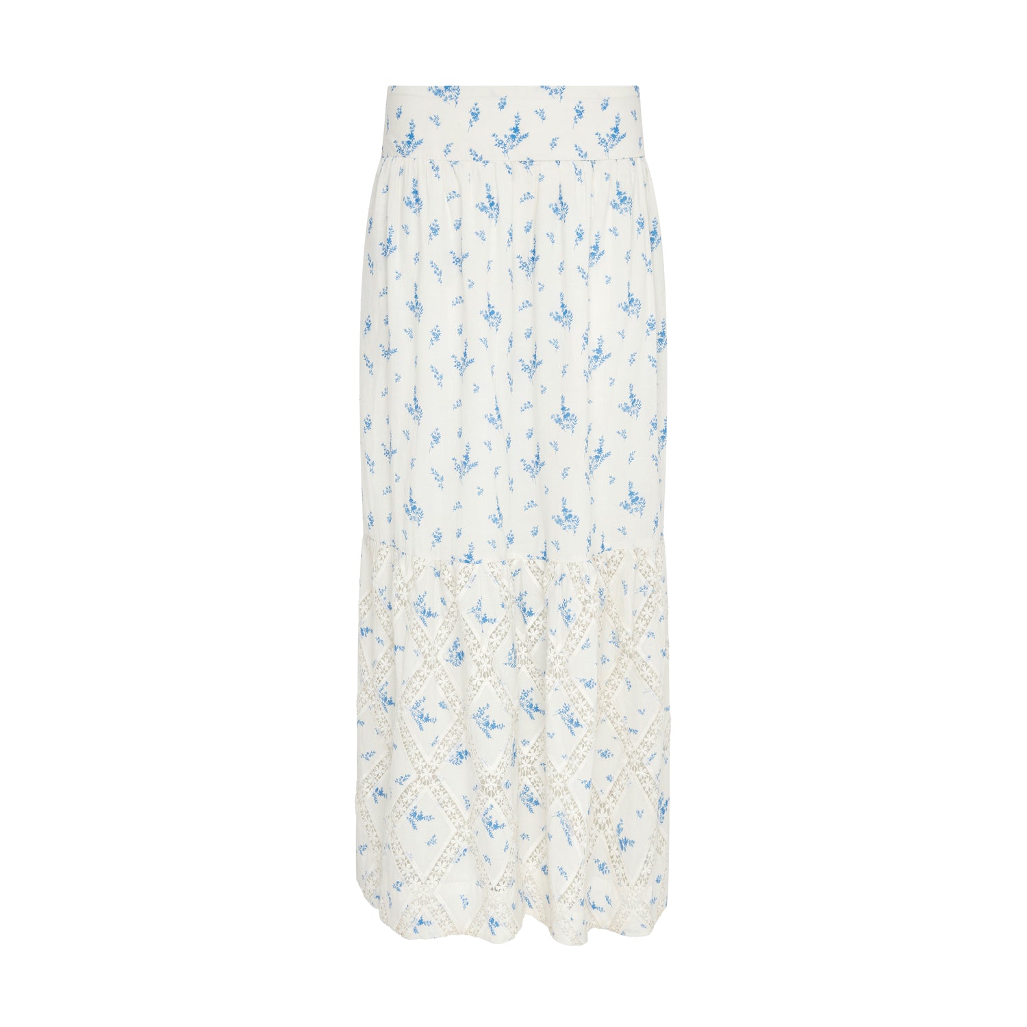 Nell White Cotton Printed Floral Lace Maxi Skirt