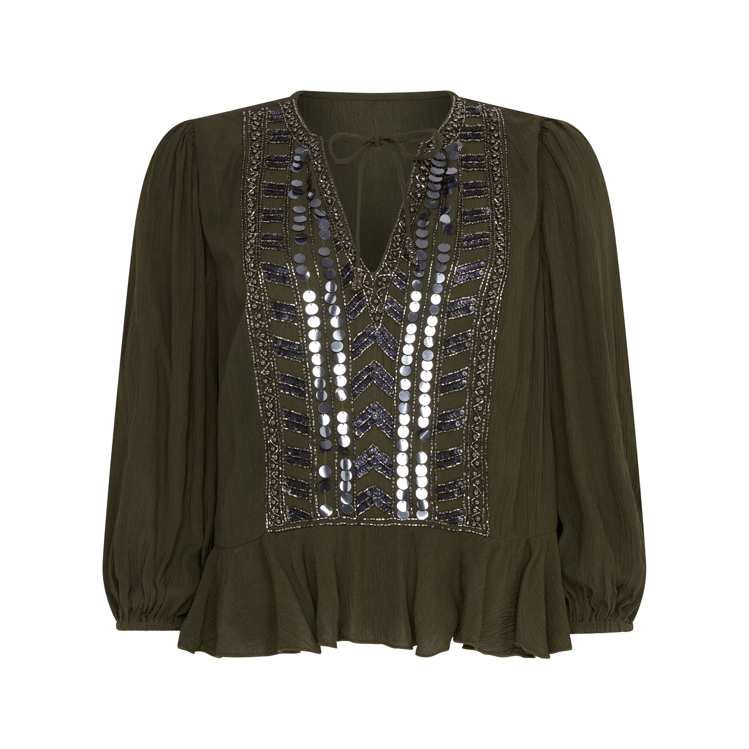 Hailey Khaki Frill Mirror Embellished Blouse