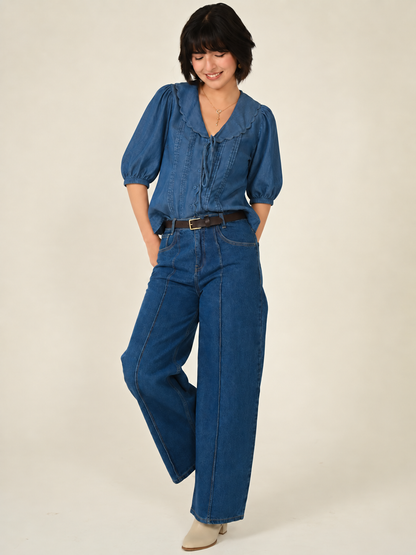 Olive Blue Denim Tencel Collar Blouse