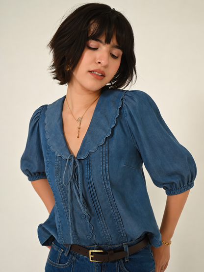 Olive Blue Denim Tencel Collar Blouse