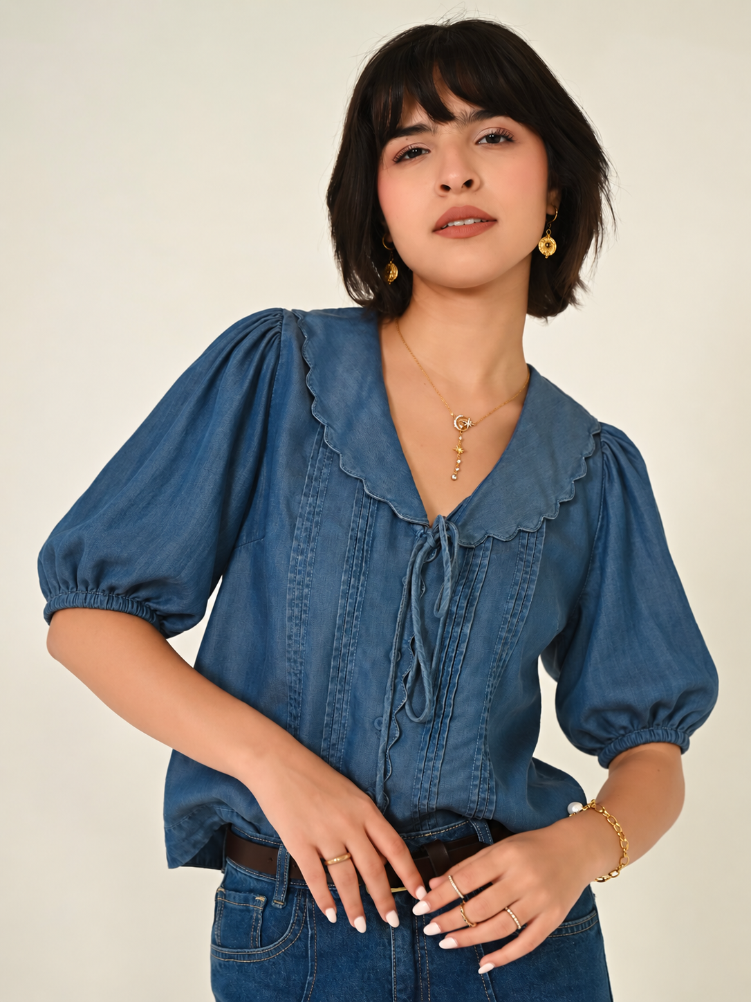 Olive Blue Denim Tencel Collar Blouse