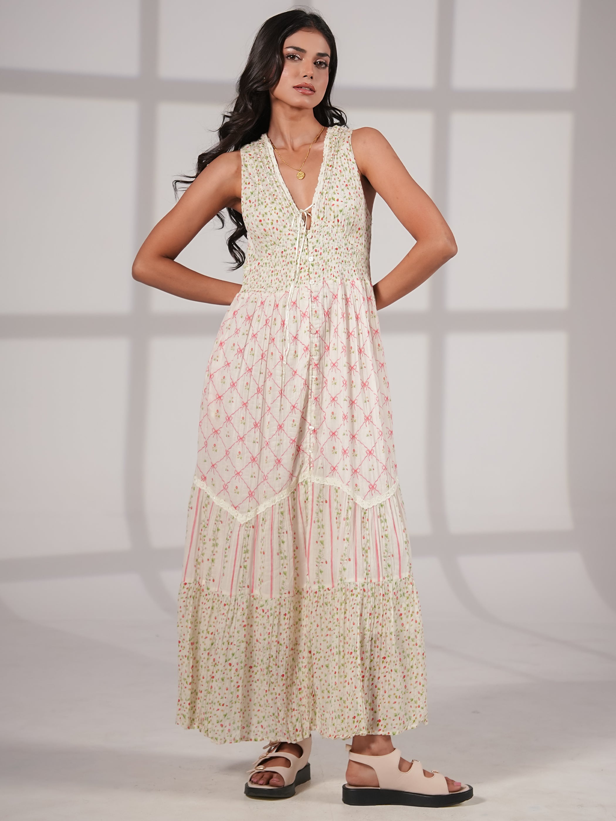 Iris Strawberry Print Mix Cotton Crinkle Maxi Dress