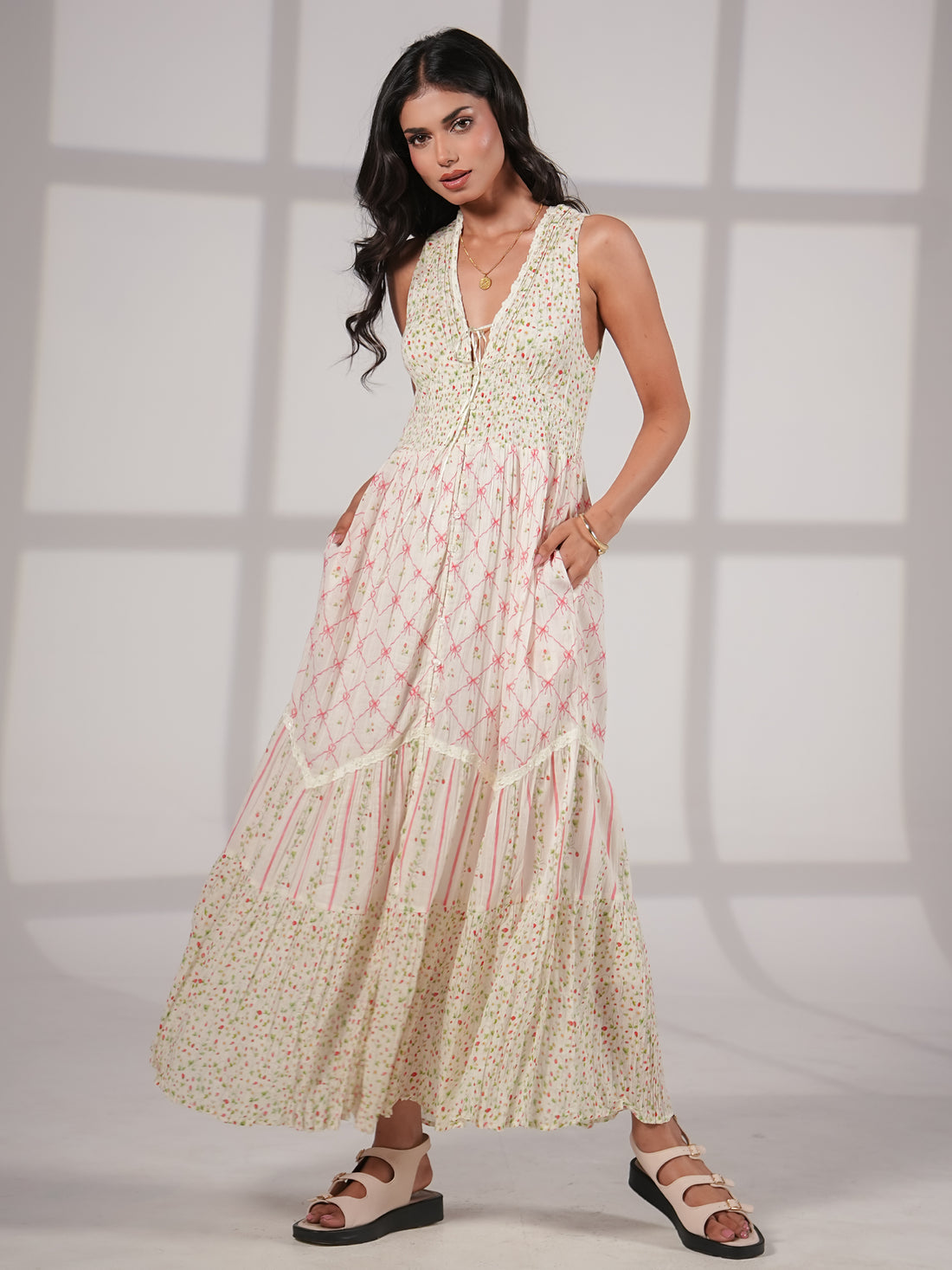 Iris Strawberry Print Mix Cotton Crinkle Maxi Dress