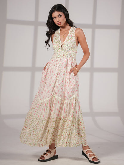 Iris Strawberry Print Mix Cotton Crinkle Maxi Dress