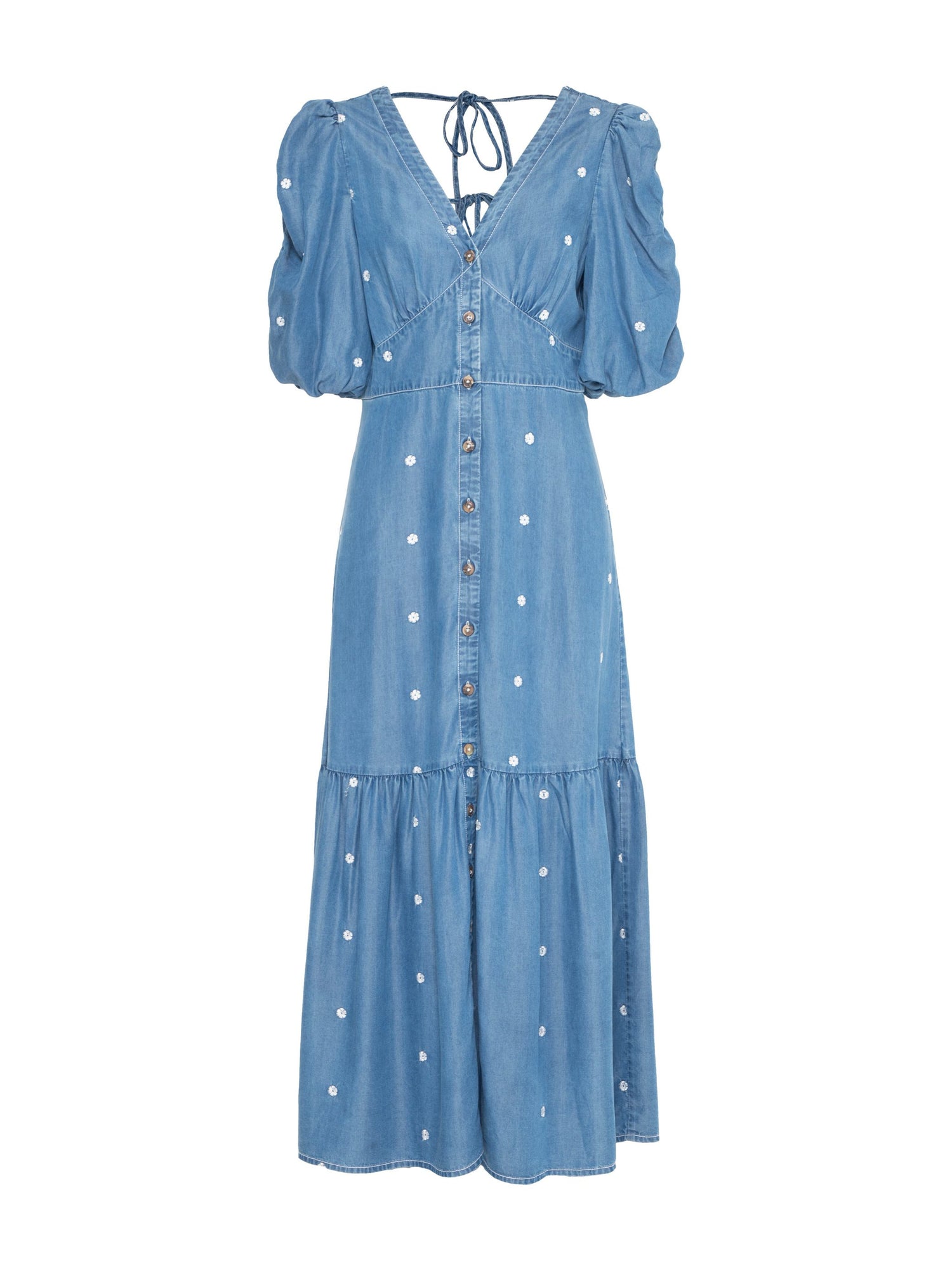 Mila Denim Tencel Daisy Embroidered Midi Dress XS Mila Denim Tencel Daisy Embroidered Midi Dress XS