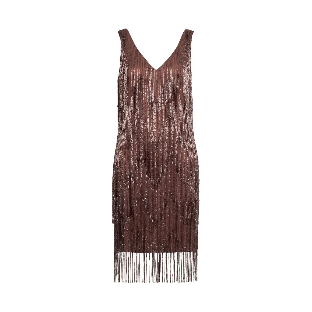 Sara Chocolate Beaded Fringe Mini Dress 