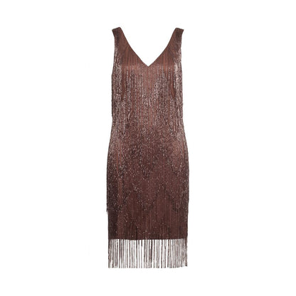 Sara Chocolate Beaded Fringe Mini Dress 