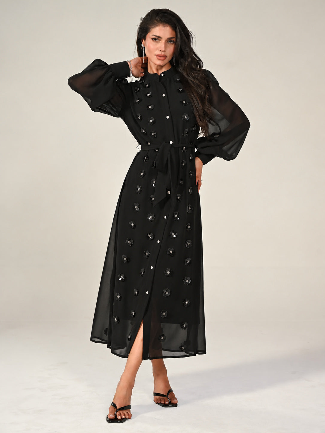 Morena Black Hand Embellished Midi Shirt Dress