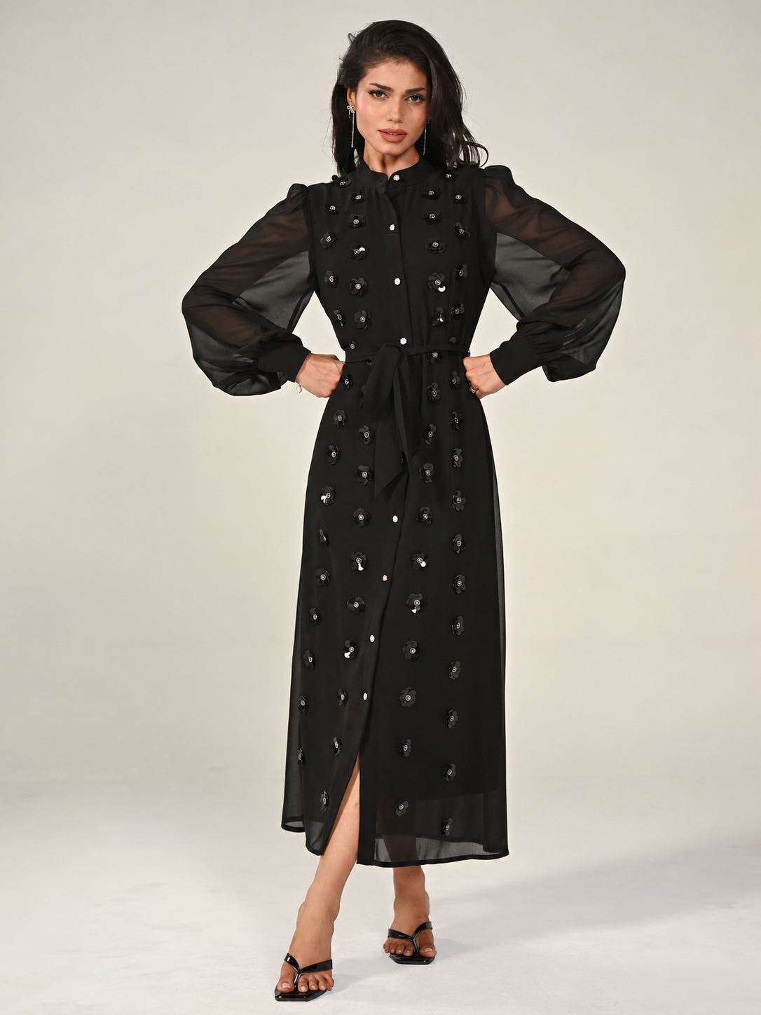 Morena Black Hand Embellished Midi Shirt Dress