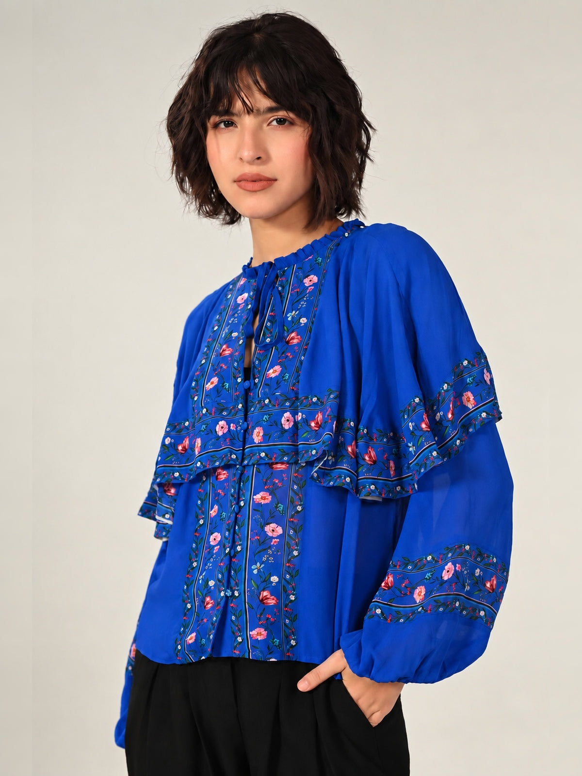 Tory Blue Floral Cape Blouse