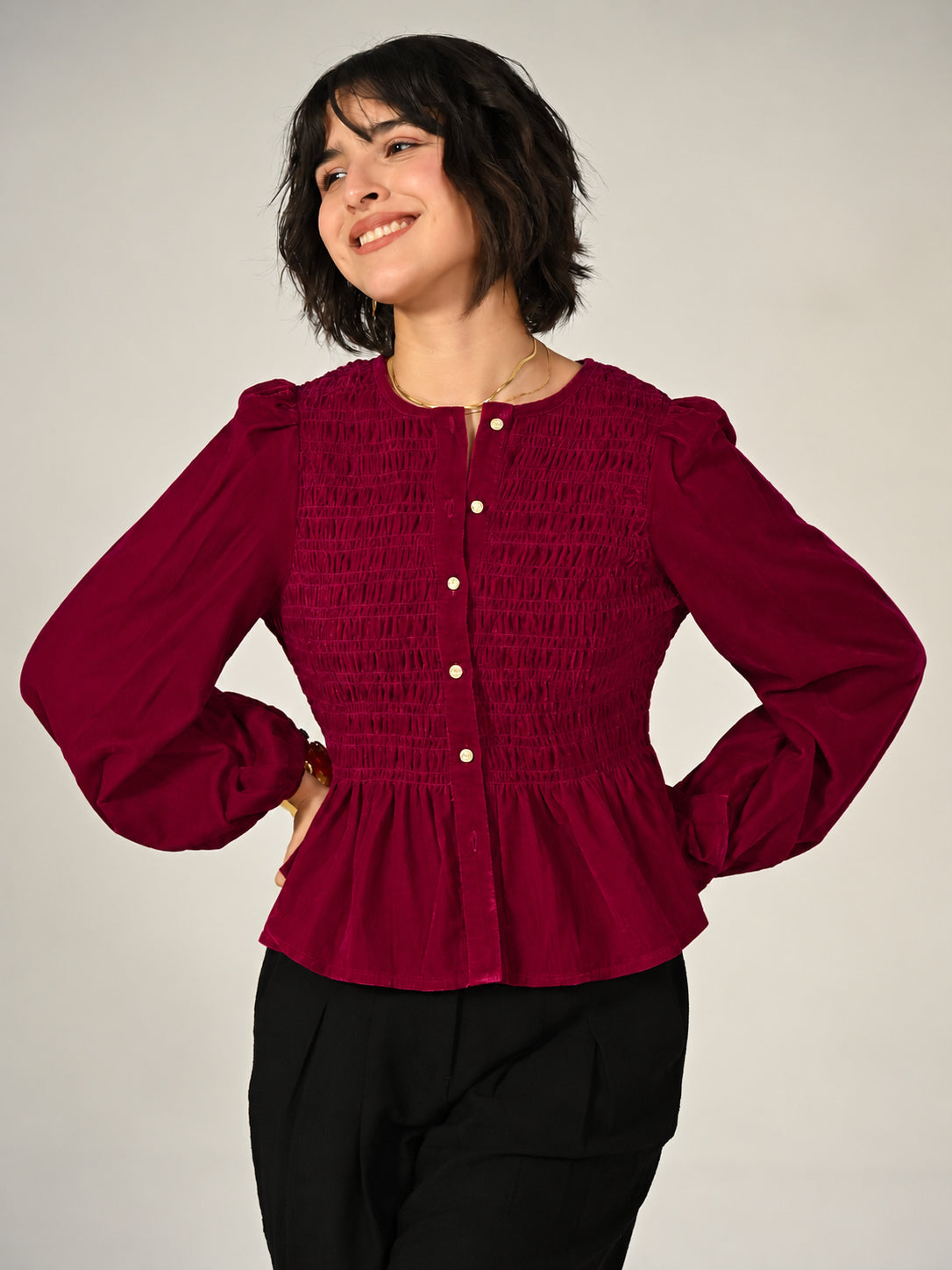 Maddie Burgundy Smocked Velvet Blouse
