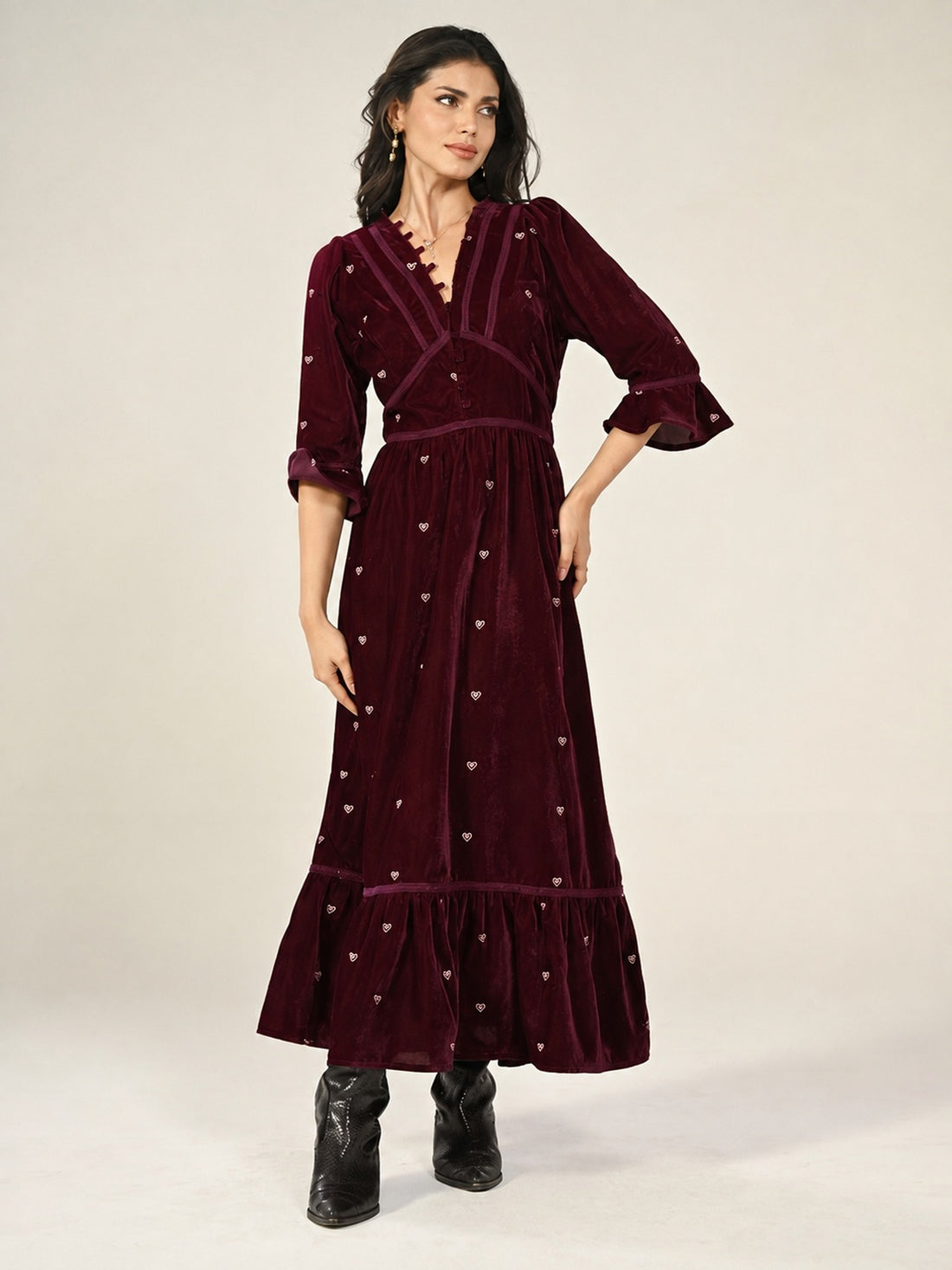 Giselle Burgundy Embroidery Velvet Midi Dress