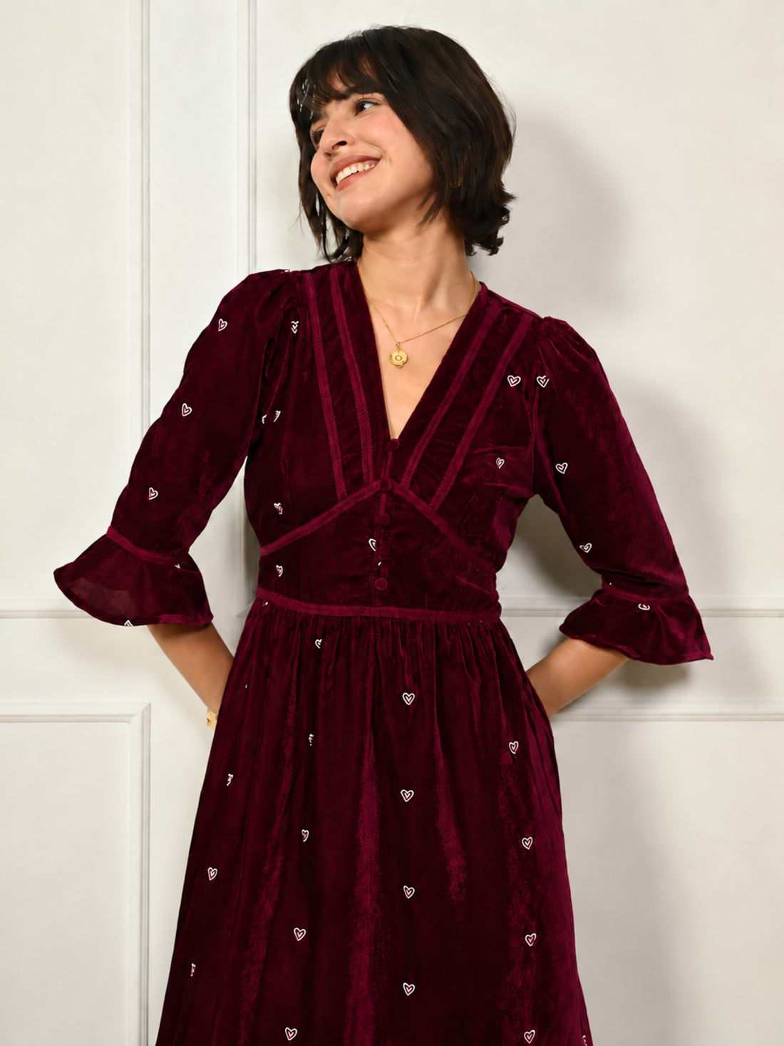 Giselle Burgundy Embroidery Velvet Midi Dress
