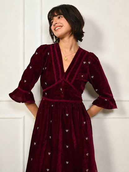 Giselle Burgundy Embroidery Velvet Midi Dress