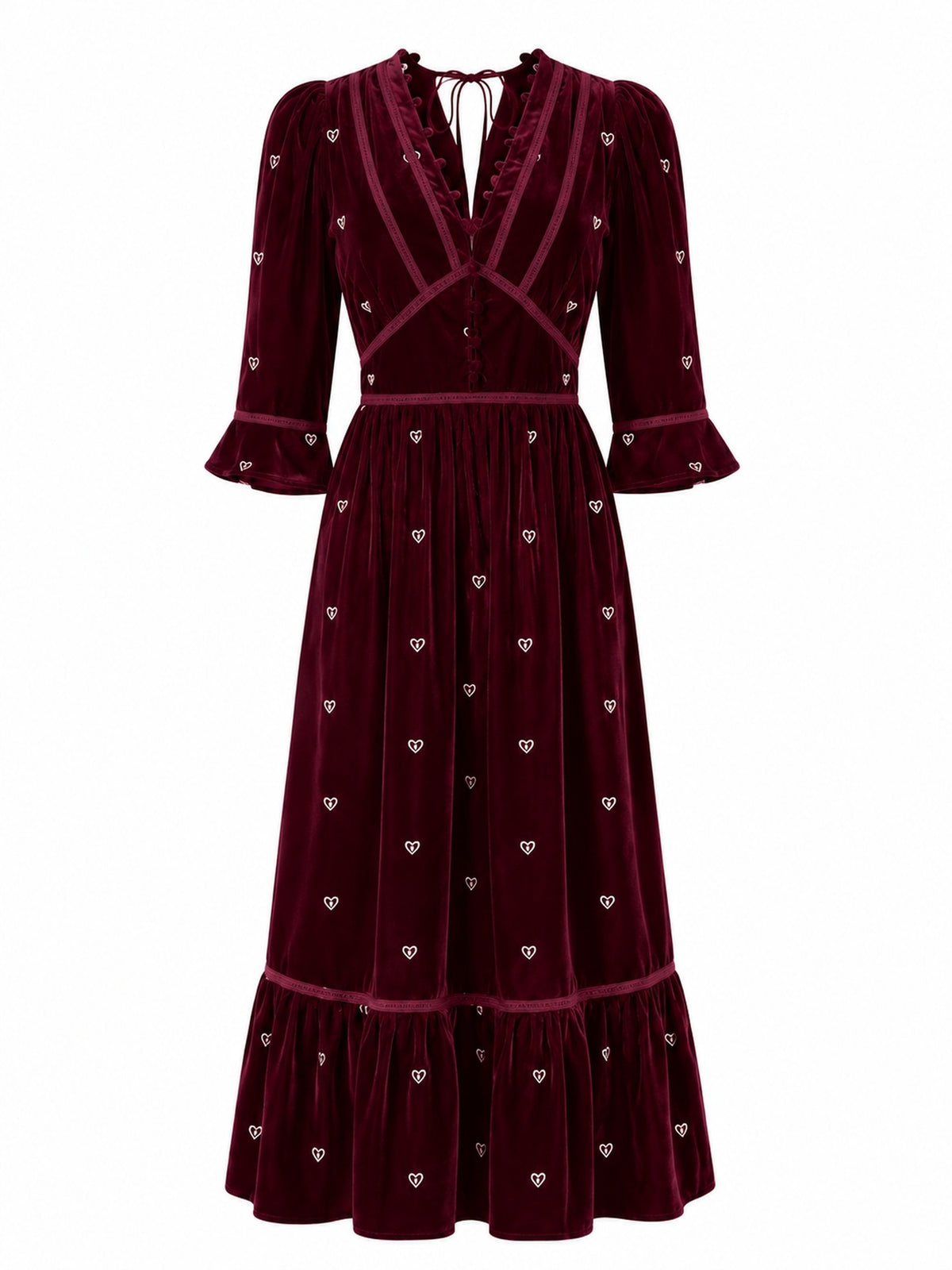 Giselle Burgundy Embroidery Velvet Midi Dress