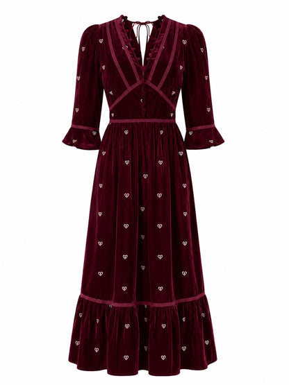 Giselle Burgundy Embroidery Velvet Midi Dress