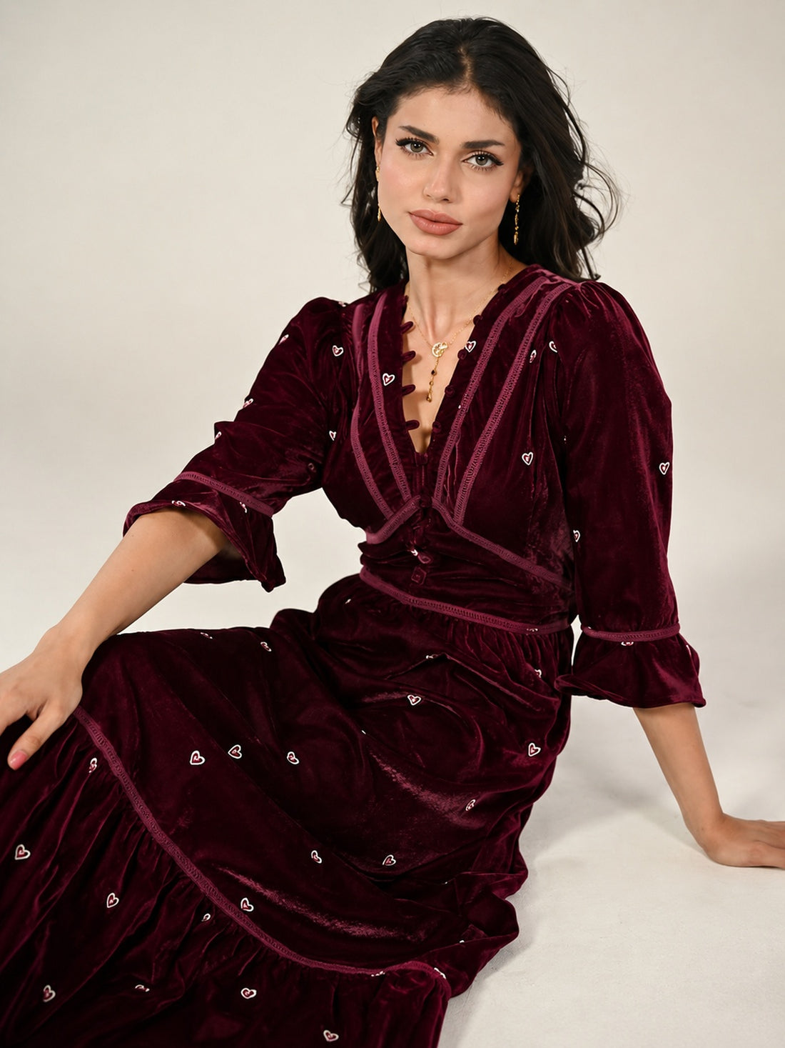 Giselle Burgundy Embroidery Velvet Midi Dress