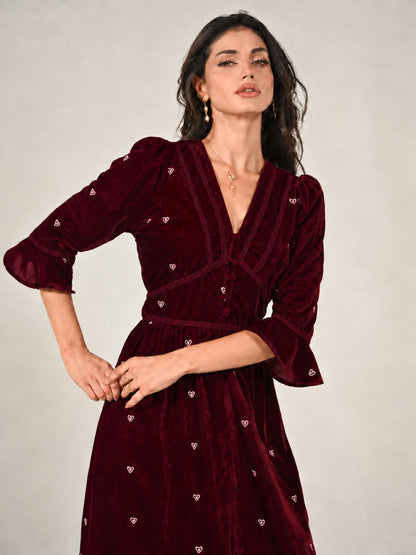Giselle Burgundy Embroidery Velvet Midi Dress