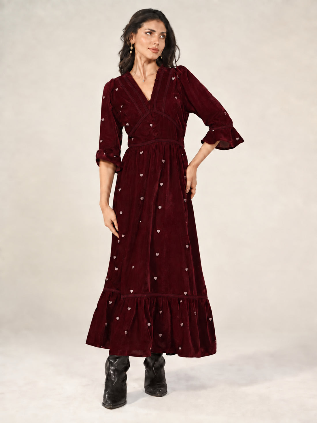 Giselle Burgundy Embroidery Velvet Midi Dress