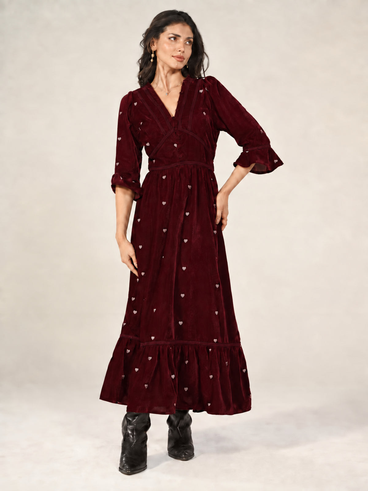 Giselle Burgundy Embroidery Velvet Midi Dress