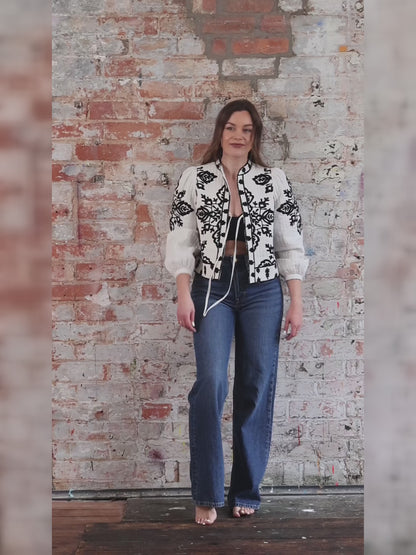 Lori Black And White Padded Embroidered Jacket