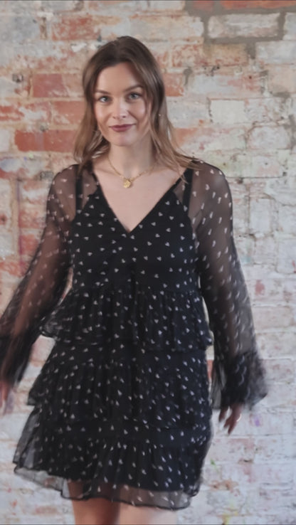Evie Heart Black Heart Print Tiered Mini Dress