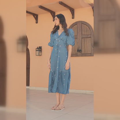 Mila Denim Tencel Daisy Embroidered Midi Dress