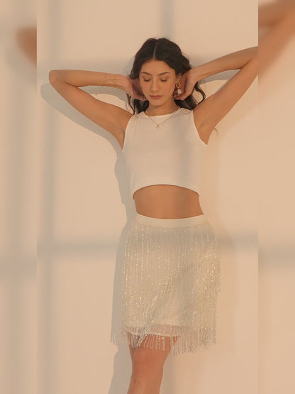 Elsa Ivory Fringe Beaded Mini Skirt