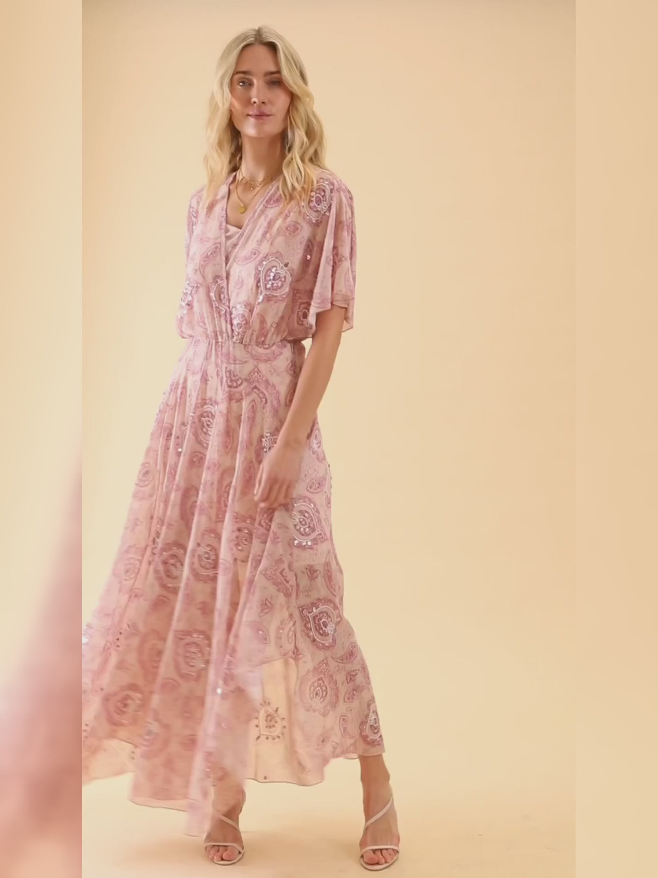 Mali Pink Print Beaded Maxi Dress