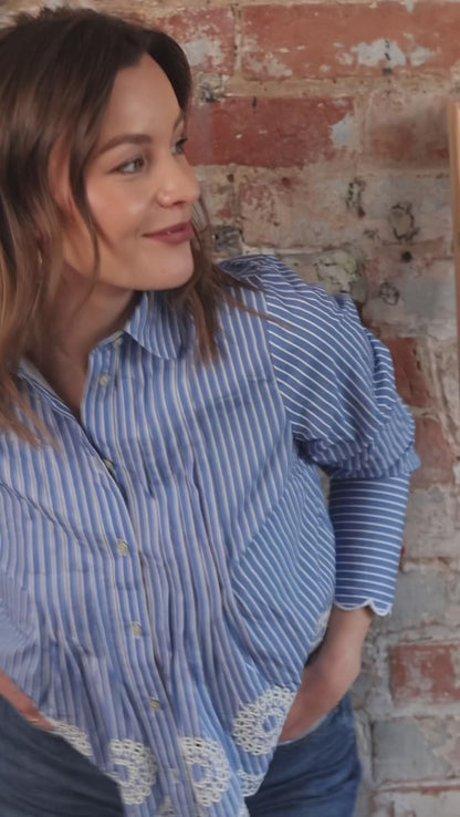 Leonie Embroidery Hem Blue Stripe Shirt