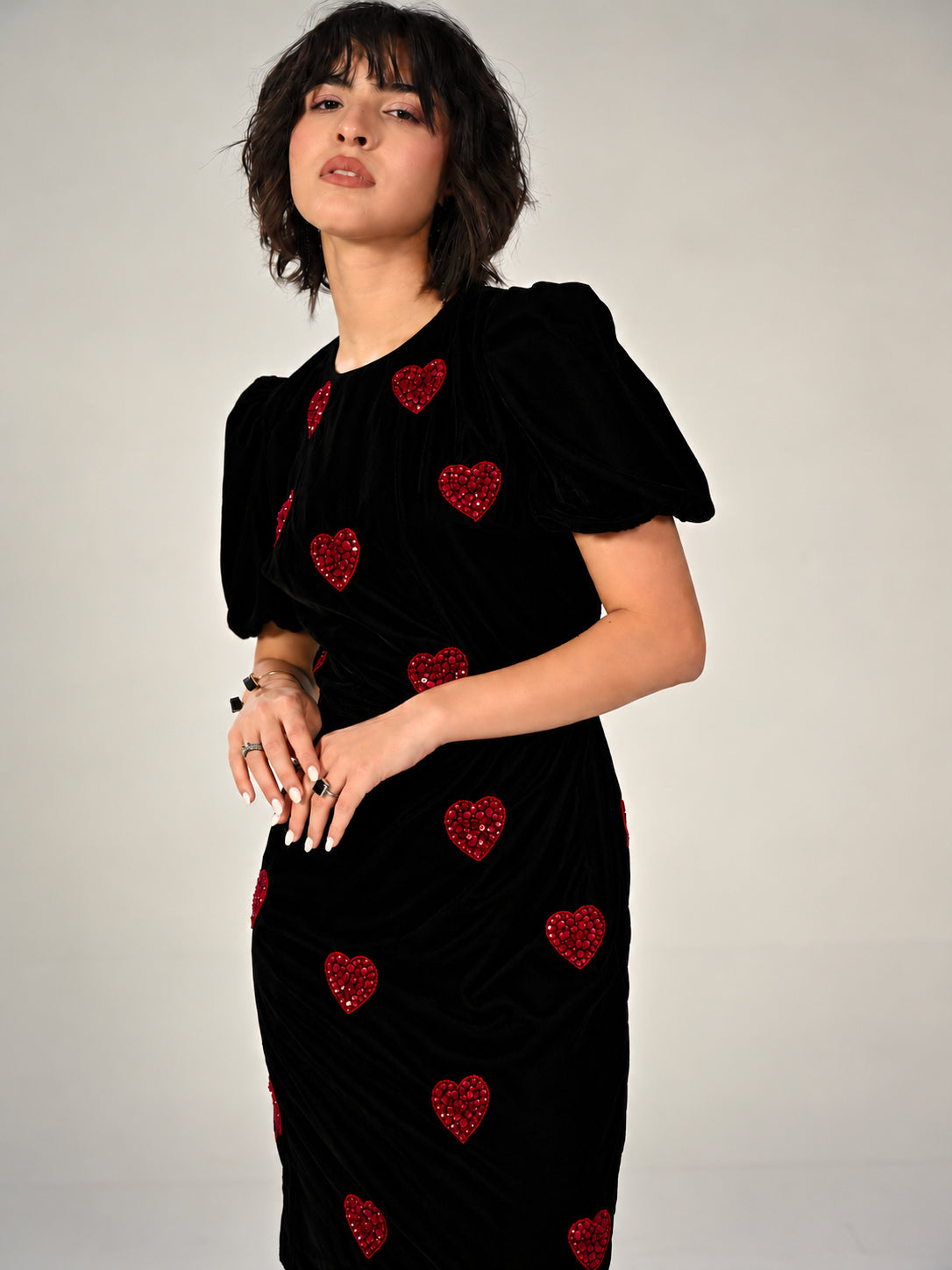 Rosheen Black Velevt Hand Embellished Heart Mini Dress