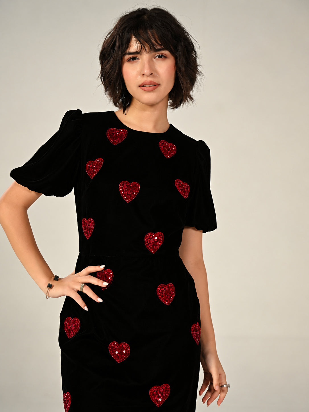 Rosheen Black Velevt Hand Embellished Heart Mini Dress